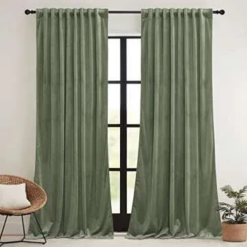 RYB HOME Sage Green Velvet Curtains 84 inches, Room Darkening Super Soft Velvet Drapes with Pleat Ta...
