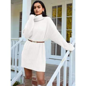 EFAN Womens Oversized Turtleneck Sweater Dress Trendy Pullover Ribbed Knit Dress White
