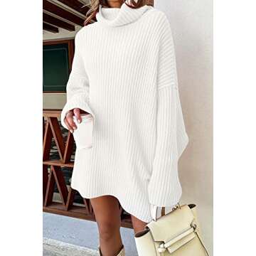 EFAN Womens Oversized Turtleneck Sweater Dress Trendy Pullover Ribbed Knit Dress White