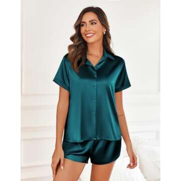 Ekouaer Pajama Sets Women Short Sleeve Casual Satin Sleepwear Tops and Shorts Nightwear Dark Green S