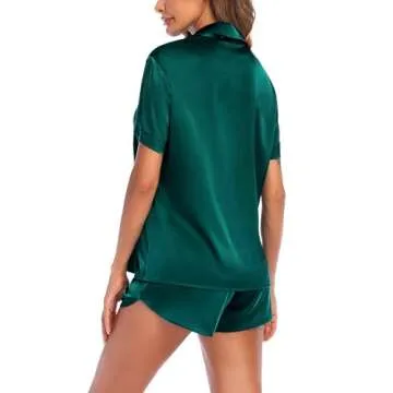 Ekouaer Pajama Sets Women Short Sleeve Casual Satin Sleepwear Tops and Shorts Nightwear Dark Green S