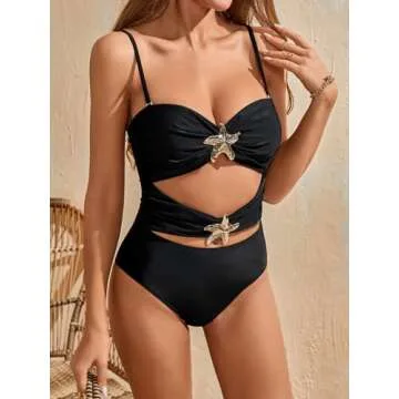 Verdusa Women's Hollow Out One Piece Backless Swimsuit Ruched Sleeveless Bathing Suit Black Medium