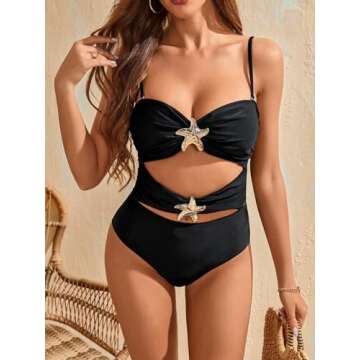 Verdusa Women's Hollow Out One Piece Backless Swimsuit Ruched Sleeveless Bathing Suit Black Medium