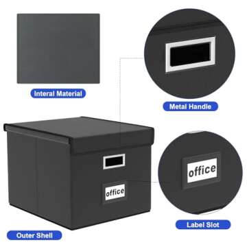 Huolewa Upgraded File Organizer Box with Lid, Collapsible Faux Leather Hanging File Folder Box Organizer with Plastic Slides, Decorative Home/Office Filing System Box for File and Folders Storage