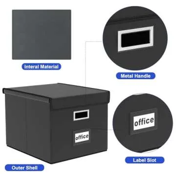 Huolewa Upgraded File Organizer Box with Lid, Collapsible Faux Leather Hanging File Folder Box Organizer with Plastic Slides, Decorative Home/Office Filing System Box for File and Folders Storage