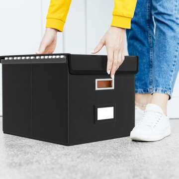 Huolewa Upgraded File Organizer Box with Lid, Collapsible Faux Leather Hanging File Folder Box Organizer with Plastic Slides, Decorative Home/Office Filing System Box for File and Folders Storage