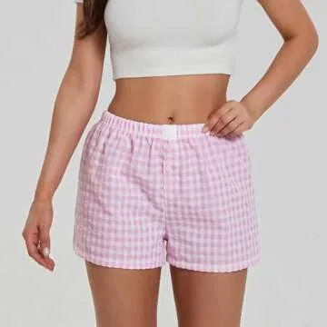Y2K Boxer Shorts Women Plaid Striped Print Gingham Lounge Pajama Low Elastic Waist Sleeping Micro Short Pj Pants (Pink Plaid, L)