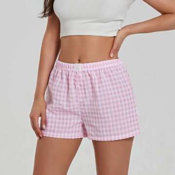 Y2K Boxer Shorts Women Plaid Striped Print Gingham Lounge Pajama Low Elastic Waist Sleeping Micro Short Pj Pants (Pink Plaid, L)