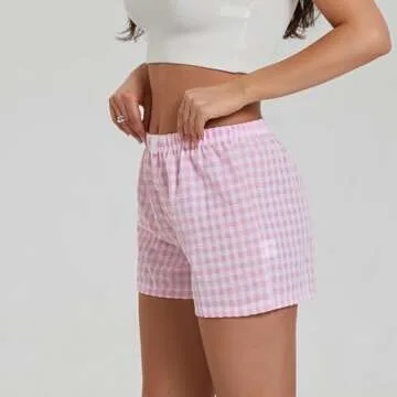 Y2K Boxer Shorts Women Plaid Striped Print Gingham Lounge Pajama Low Elastic Waist Sleeping Micro Short Pj Pants (Pink Plaid, L)
