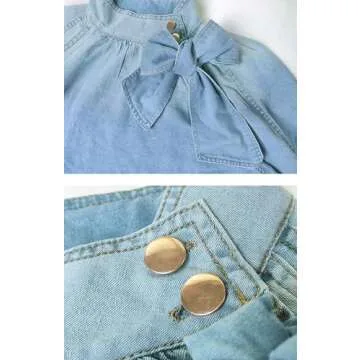 Women's Bow Design Denim Pullover Top Button Up High Neck Fashionable Jacket with Elastic and Puff Sleeves(Blue,S)