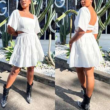 Shy Velvet Women's Summer Dress Square Neck Short Sleeves Crossover Waist Casual Party Mini Dress White