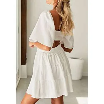 Shy Velvet Women's Summer Dress Square Neck Short Sleeves Crossover Waist Casual Party Mini Dress White
