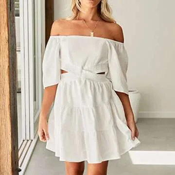 Shy Velvet Women's Summer Dress Square Neck Short Sleeves Crossover Waist Casual Party Mini Dress White