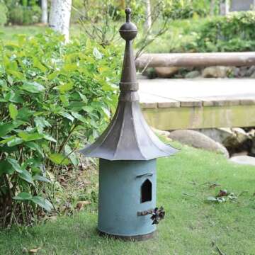 Creative Co-Op Cottagecore Free-Standing Decorative Metal Birdhouse for Garden, Distressed Aqua, 15.5"Wx34"T