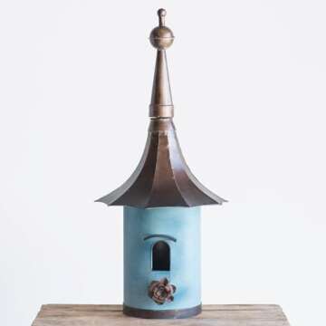Creative Co-Op Cottagecore Free-Standing Decorative Metal Birdhouse for Garden, Distressed Aqua, 15.5"Wx34"T