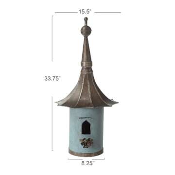 Creative Co-Op Cottagecore Free-Standing Decorative Metal Birdhouse for Garden, Distressed Aqua, 15.5"Wx34"T