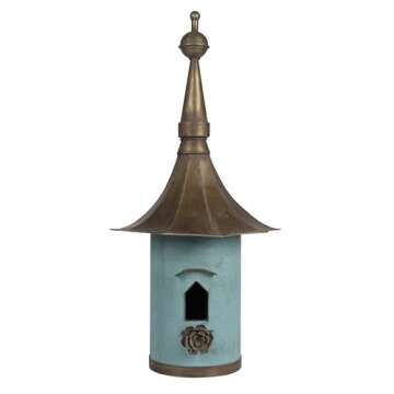 Creative Co-Op Cottagecore Free-Standing Decorative Metal Birdhouse for Garden, Distressed Aqua, 15.5"Wx34"T