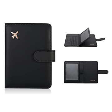 Deziliao Passport and Vaccine Card Holder Combo, PU Leather Passport Holder with Vaccine Card Slot, Passport Wallet for Men and Women (Black-fly)