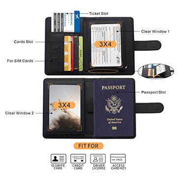 Deziliao Passport and Vaccine Card Holder Combo, PU Leather Passport Holder with Vaccine Card Slot, Passport Wallet for Men and Women (Black-fly)