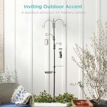 Best Choice Products 91in 4-Hook Bird Feeding Station, Steel Multi-Feeder Kit Stand for Attracting Wild Birds w/ 2 Bird Feeders, Mesh Tray, Bird Bath, 4-Prong Base - Black