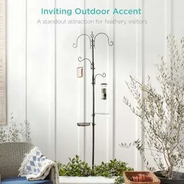 Best Choice Products 91in 4-Hook Bird Feeding Station, Steel Multi-Feeder Kit Stand for Attracting Wild Birds w/ 2 Bird Feeders, Mesh Tray, Bird Bath, 4-Prong Base - Black