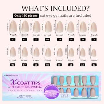 BTArtboxnails Cat Eye XCOATTIPS - Soft Gel Almond Nail Tips, Glitter Press On Nails Short, Soak Off Acrylic Fake Nails Glue On Nails In 16 Sizes - 160 Nail Extension Set, Aurora