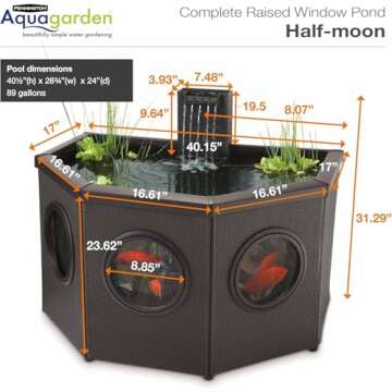 Pennington Aquagarden, Affinity Half-Moon No-Standing Pond, Water Feature Pool, Includes Inpond 5 in 1 300 Pond & Water Pump with UV Clarifier, 89 Gallon Decking Pond, Three Fountain Displays, Mocha