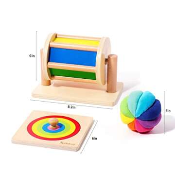 Tomlive 3 in 1 Play Kit, Montessori Toys for Babies 6-12 Months, Spinning Rainbow Drum, Montessori Mirror Peekaboo Knob Puzzle, Organic Cotton Rainbow Ball, Infant Tummy Time Toys, Baby Sensory Toys
