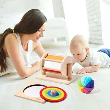 Tomlive 3 in 1 Play Kit, Montessori Toys for Babies 6-12 Months, Spinning Rainbow Drum, Montessori Mirror Peekaboo Knob Puzzle, Organic Cotton Rainbow Ball, Infant Tummy Time Toys, Baby Sensory Toys