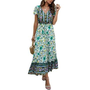 TEMOFON Women's Dresses Summer Bohemian Casual Short Sleeve Floral Print Maxi Dress Green 2XL