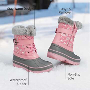 DREAM PAIRS Girls Boys Snow Boots Water-Resistant Outdoor Warm Cozy Anti-Slip Mid Calf Faux Fur Lining Winter Shoes for Little/Big Kids,Size 3 Little Kid,Pink,KRIVER-3