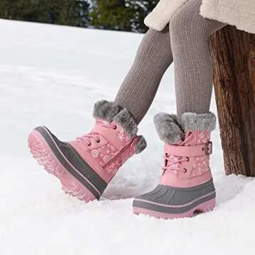 DREAM PAIRS Girls Boys Snow Boots Water-Resistant Outdoor Warm Cozy Anti-Slip Mid Calf Faux Fur Lining Winter Shoes for Little/Big Kids,Size 3 Little Kid,Pink,KRIVER-3