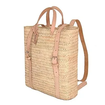 Palm leaf backpack , straw bag made, shopping and picnic baskets, Traditional Moroccan bag, Leather made bags, handcrafted bag, beach bag. (Beige)
