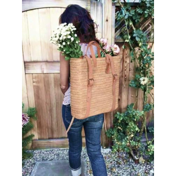 Palm leaf backpack , straw bag made, shopping and picnic baskets, Traditional Moroccan bag, Leather made bags, handcrafted bag, beach bag. (Beige)