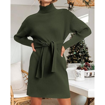Dowerme Women's High Neck Belted Sweater Dress for Winter