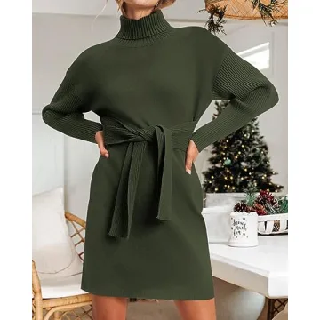 Dowerme Women's High Neck Belted Sweater Dress for Winter
