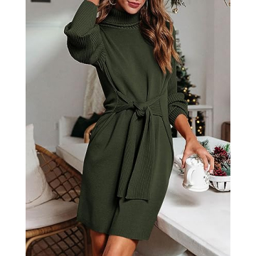 Dowerme Women's High Neck Belted Sweater Dress for Winter