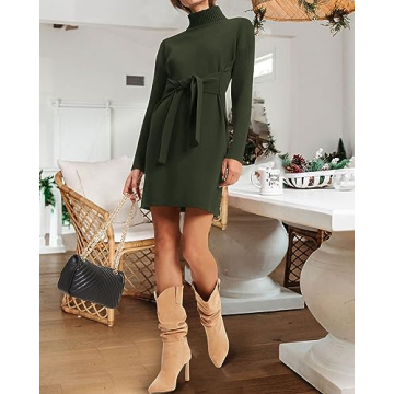Dowerme Women's High Neck Belted Sweater Dress for Winter