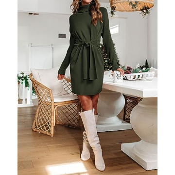 Dowerme Women's High Neck Belted Sweater Dress for Winter