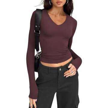 IWD Womens Long Sleeve Shirts V Neck Casual Tops 2025 Fashion Slim Fitted Tops Basic Tee Y2k Outfits...