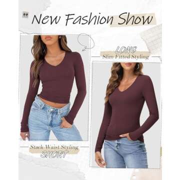 IWD Womens Long Sleeve Shirts V Neck Casual Tops 2025 Fashion Slim Fitted Tops Basic Tee Y2k Outfits Wine Red, X Large