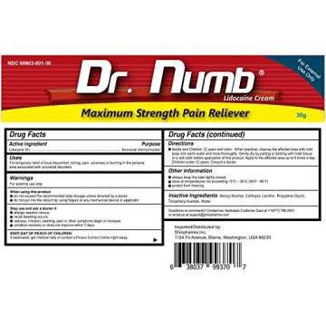 Dr. Numb 5% Lidocaine Numbing Cream - Maximum Strength Tattoo Numbing Cream - Nonprescription Topical Anesthetic Pain Relief Cream for Tattooing, Piercing, Microneedling, Hemorrhoid Treatment - 30g