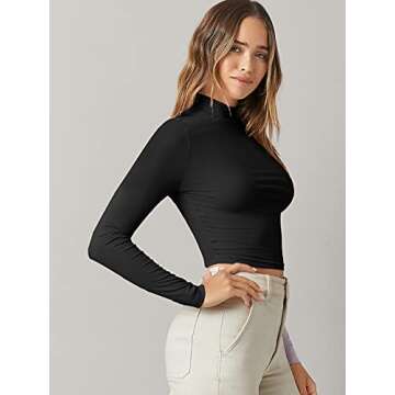 Verdusa Women's Basic Long Sleeve Mock Neck Slim Fitted Tee Shirt Crop Top Black M