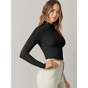 Verdusa Women's Crop Top Mock Neck Long Sleeve Tee Shirt
