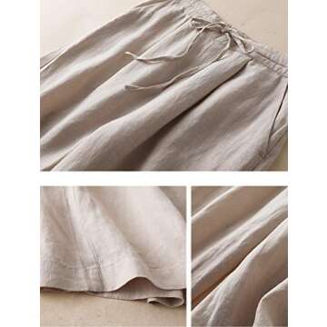 FTCayanz Women's Linen Cropped Wide Leg Pants Elastic Waist Casual Palazzo Trousers with Pockets Beige Large