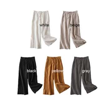 FTCayanz Women's Linen Cropped Wide Leg Pants Elastic Waist Casual Palazzo Trousers with Pockets Beige Large