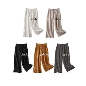 FTCayanz Women's Linen Cropped Wide Leg Pants Elastic Waist Casual Palazzo Trousers with Pockets Beige Large