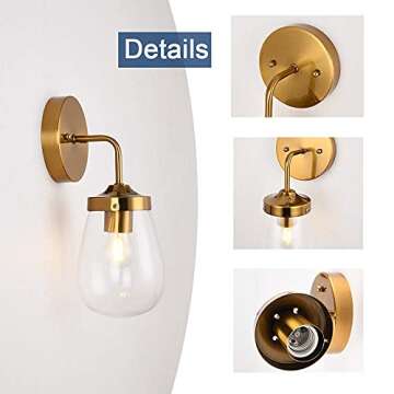 Popity home Gold Wall Sconce Wall Light Fixtures,Farmhouse Industrial Wall Sconce Light with Clear Shade, Wall Light for Bathroom,Bedroom,Living Room, Mirror,Hallway