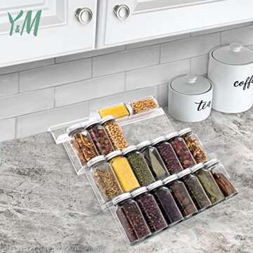 Y&M Expandable Spice Rack, Adjustable Acrylic Spice Drawer Organizer, 4 Tier Spice Jars Holder Insert for Kitchen Cabinets & Countertops, Seasoning Organizer Tray 13” to 26” - 2 Pack