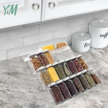 Y&M Expandable Spice Rack, Adjustable Acrylic Spice Drawer Organizer, 4 Tier Spice Jars Holder Insert for Kitchen Cabinets & Countertops, Seasoning Organizer Tray 13” to 26” - 2 Pack